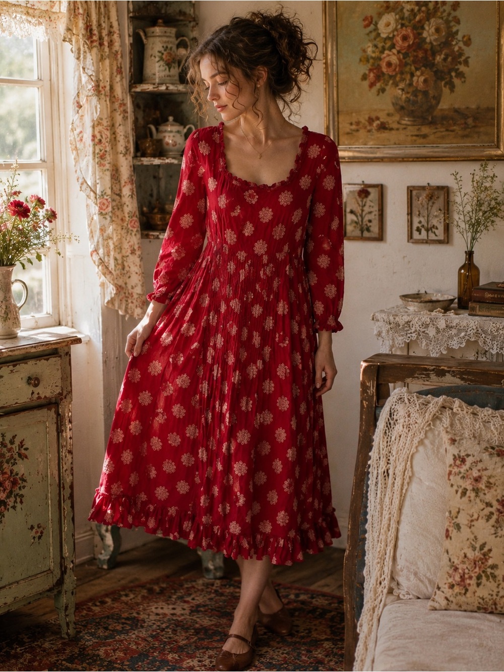 April Cornell Cottagecore Prairie Dress Romantic Boho Red Midi Medium Vintage